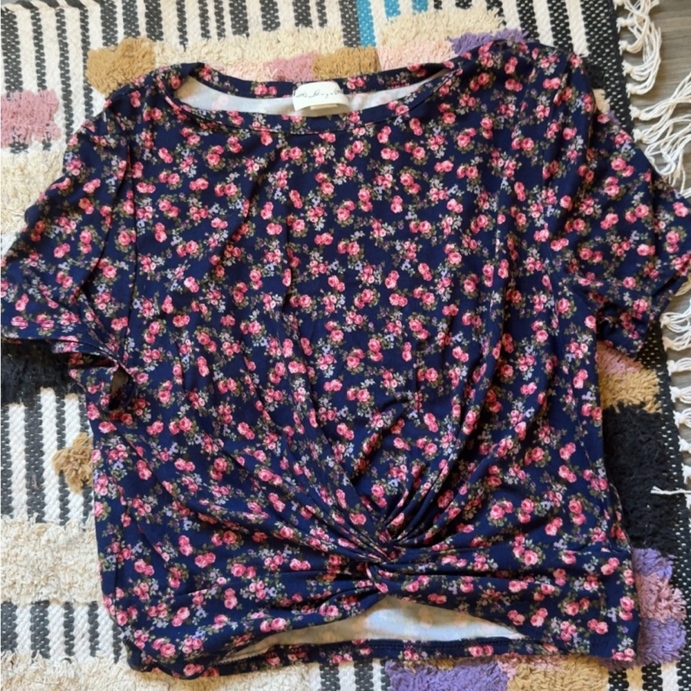 Blue and Pink Short Sleeve Tie Front T-Shirt